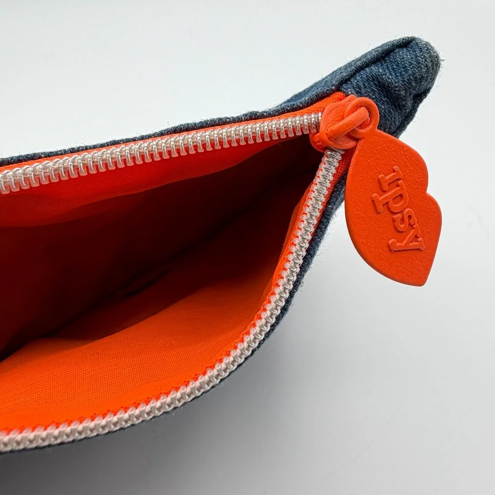 Ipsy Denim Makeup Bag Cosmetic Pouch Orange Lining‎ Zipper Glam Bag